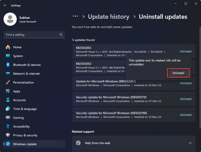 Confirm Windows update removal