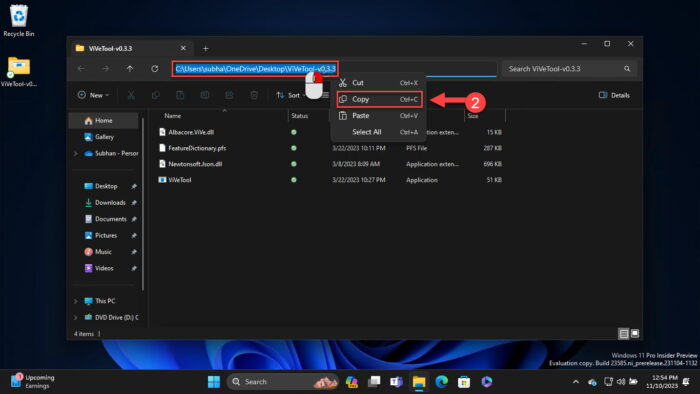 Copy path to extracted ViveTool folder