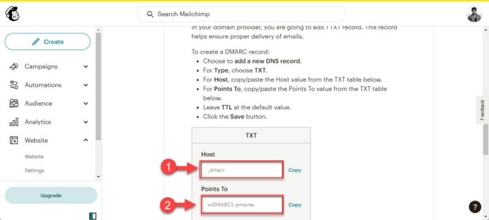 Copy the DMARC name and value
