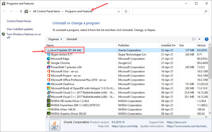 Download and Install Java 8 Update 291 7 CP uninstall