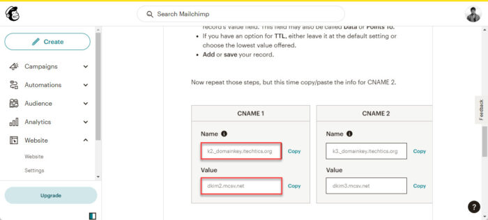 Create a new CNAME with name and value from MailChimp