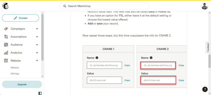 Create another CNAME with name and value from MailChimp