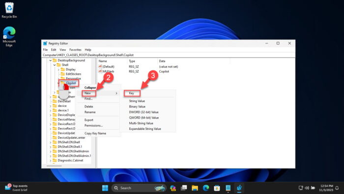 Create the command key under Copilot