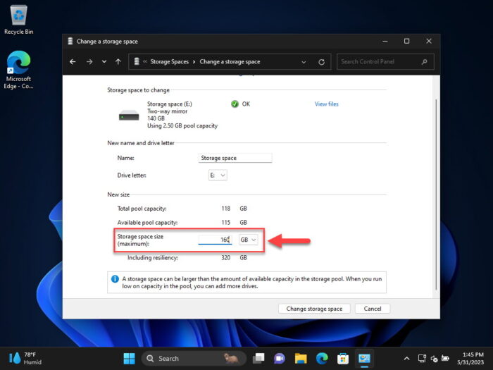 Define the new size for the Storage Space in Control Panel