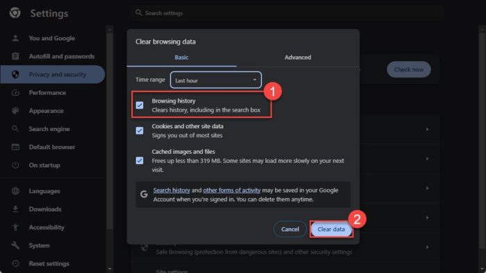 Delete browsing history in Chrome for desktop