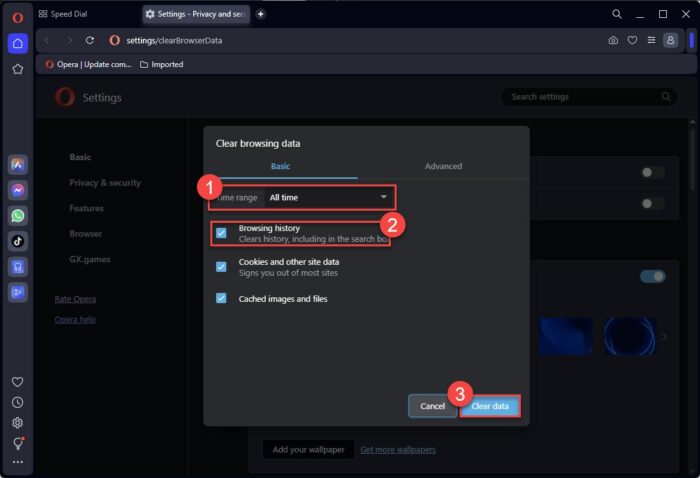 Delete browsing history in Opera