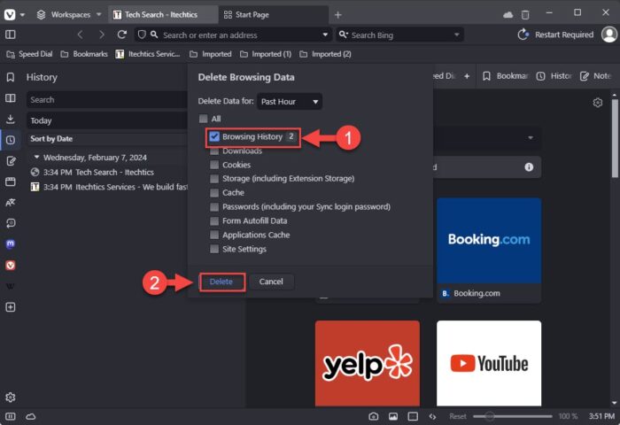 Delete browsing history in Vivaldi