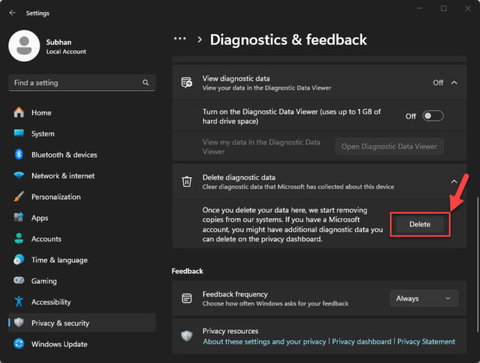 Delete diagnostic data