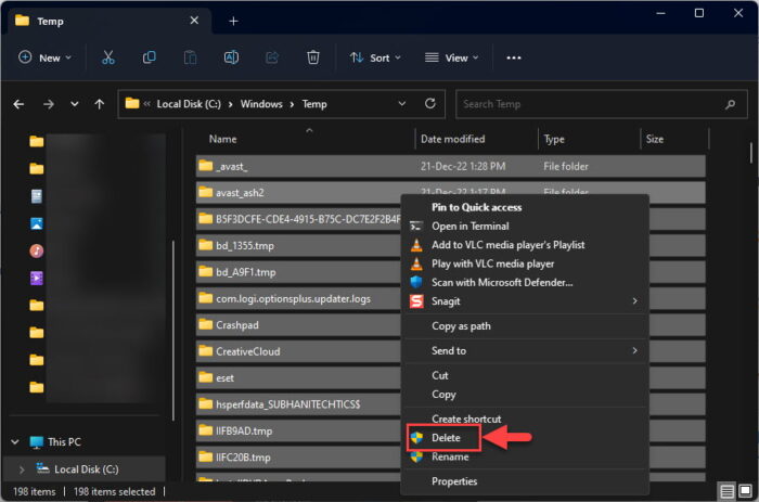 Delete items in Windows temp folder