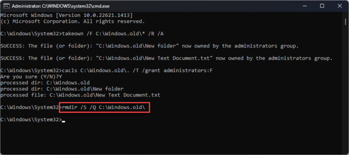 Delete the Windows old folder from Command Prompt