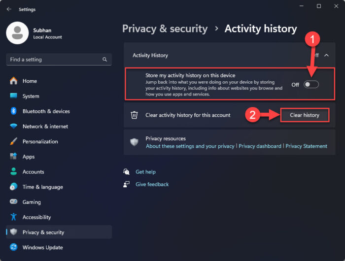 Disable and clear activity history