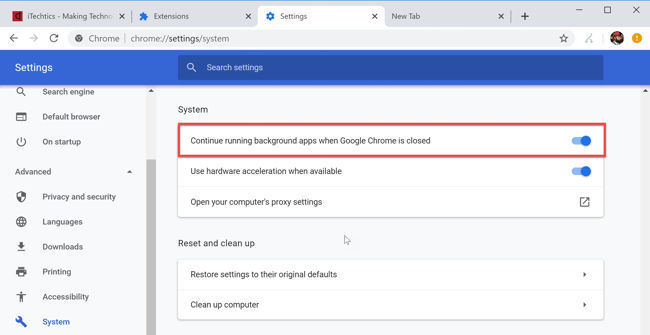 Disable background apps in Chrome