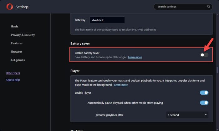 Disable Battery Saver tab throttling in Opera browser