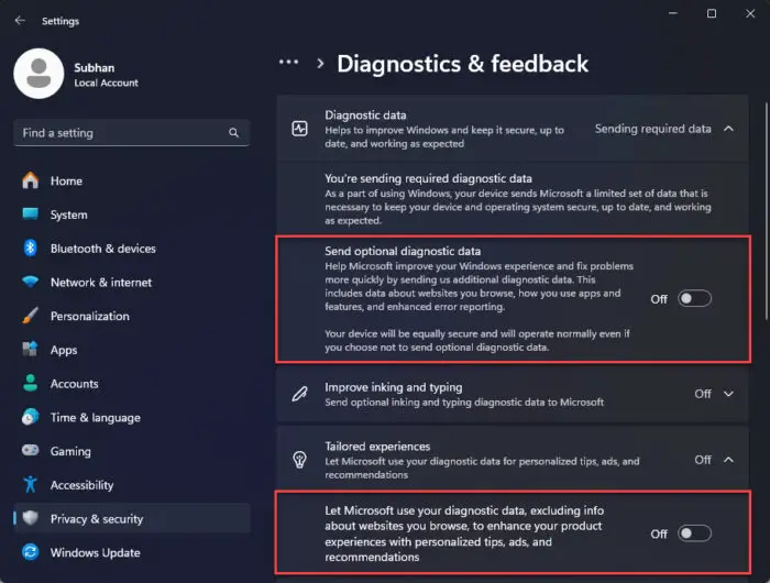Disable diagnostic and feedback controls