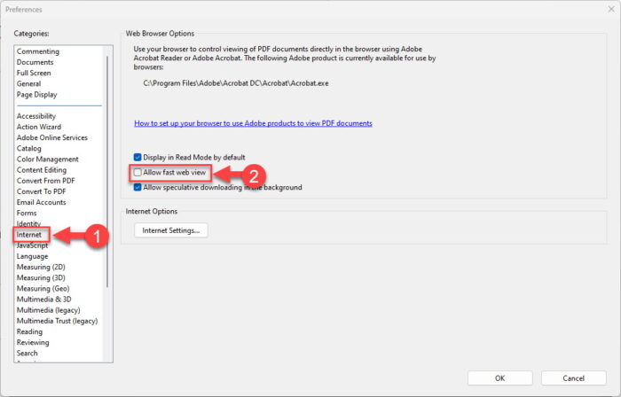 Disable Fast Web View for internet documents in Adobe Acrobat