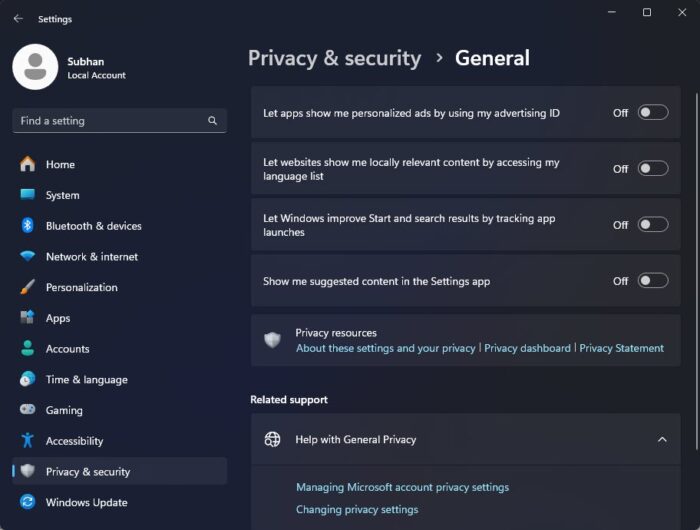 Disable general privacy controls