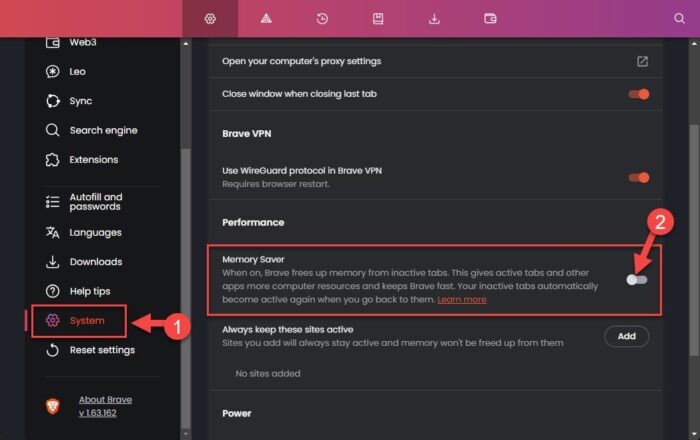 Disable Memory Saver in Brave browser