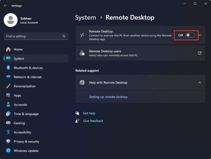 Disable Remote Desktop
