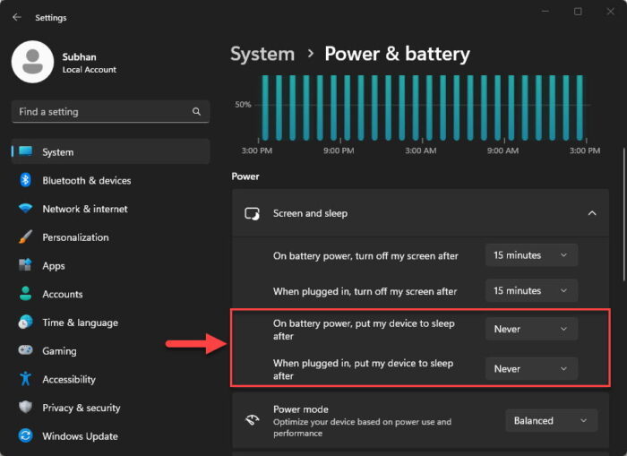 Disable sleep from Windows 11 Settings app