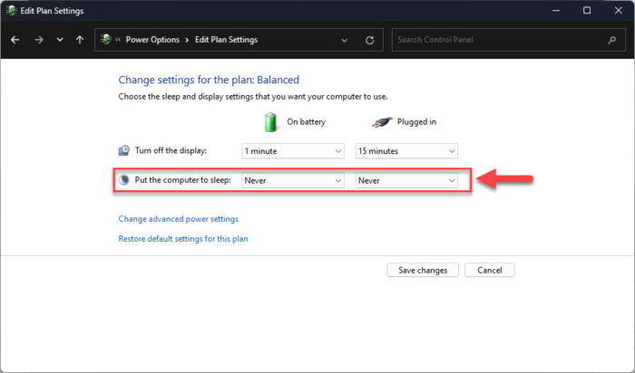 Disable sleep mode in Windows from Control Panel