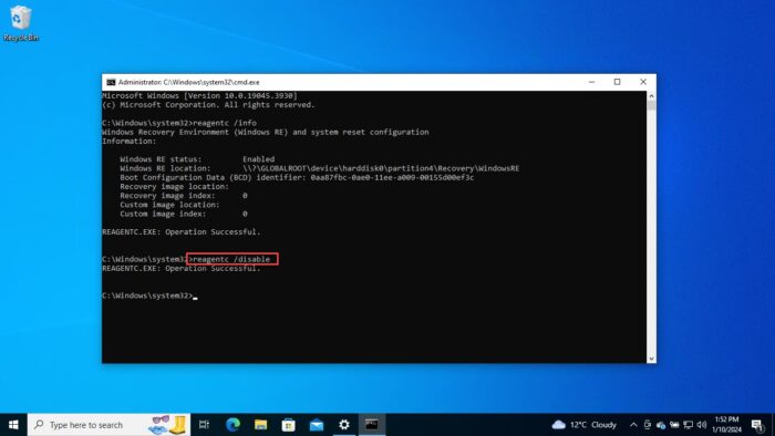 Disable Windows Recovery Environment