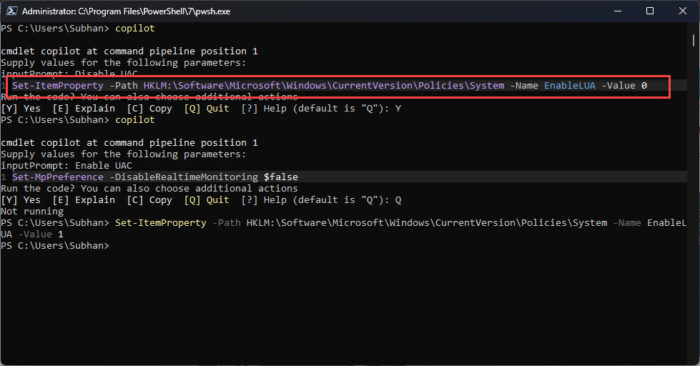 How To Install And Use GitHub PowerShell Copilot Using PowerShell Module 12 Disabling UAC with PowerShell Copilot