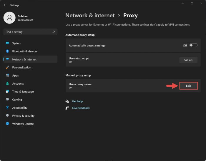 Edit proxy setting