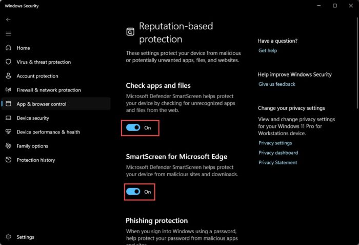 Enable all reputation based protection settings