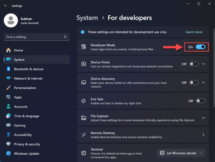 Enable Developer Mode