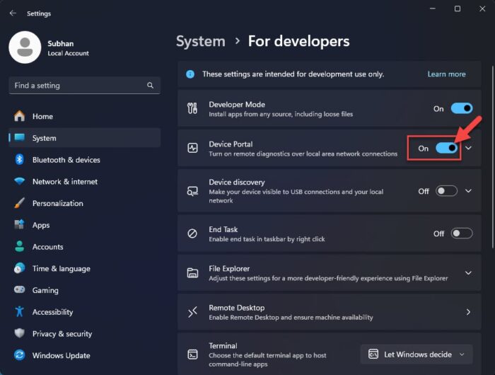 Enable Device Portal