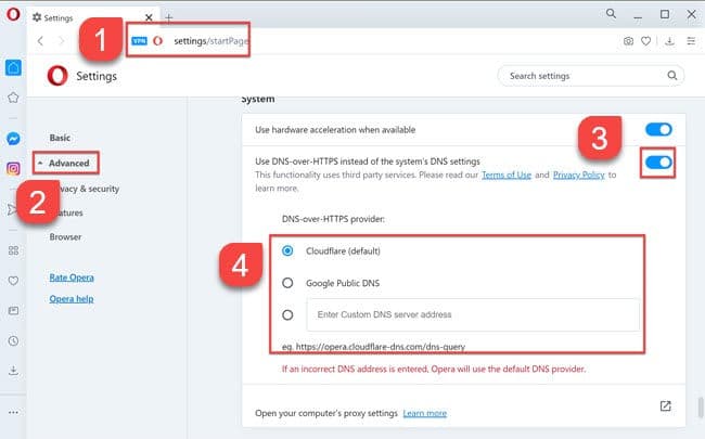 Enable DNS over HTTPS in Opera browser