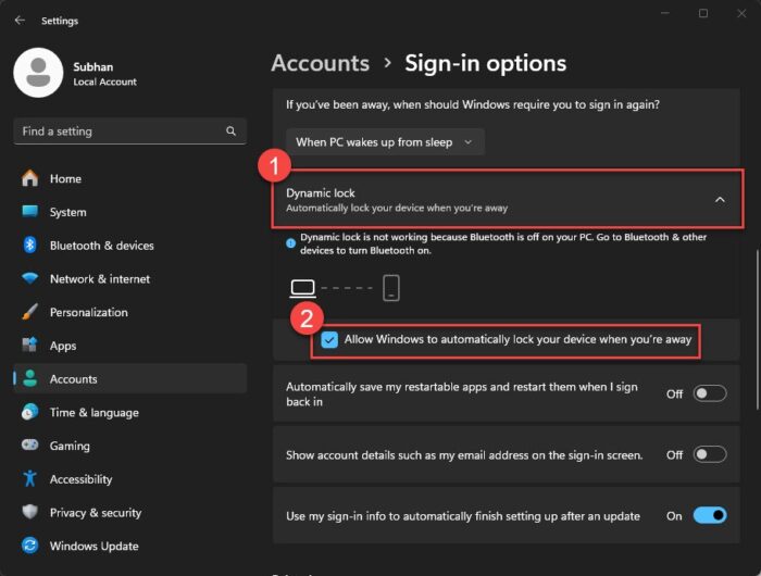 Enable Dynamic Lock