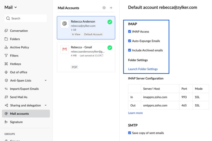 Enable IMAP for Zoho