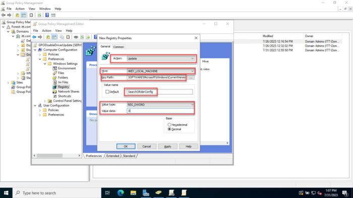 Enter the details for the Registry value to modify