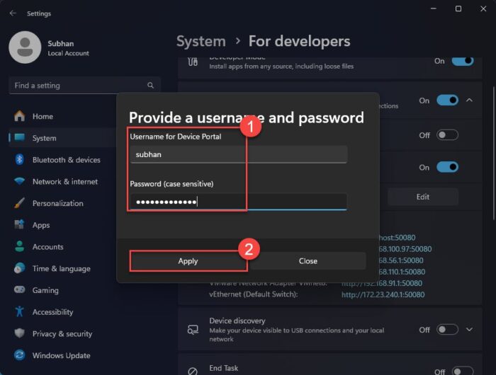 Enter username and password