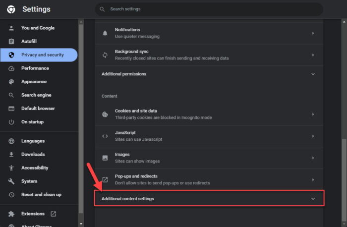 Expand Additional content settings