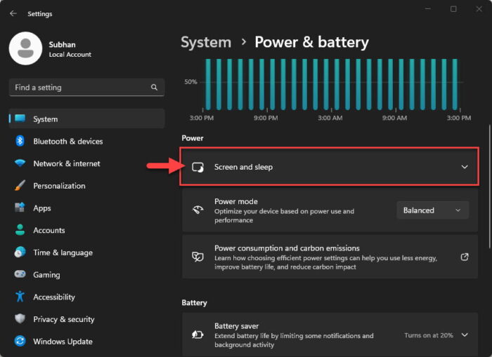 Expand screen and sleep settings