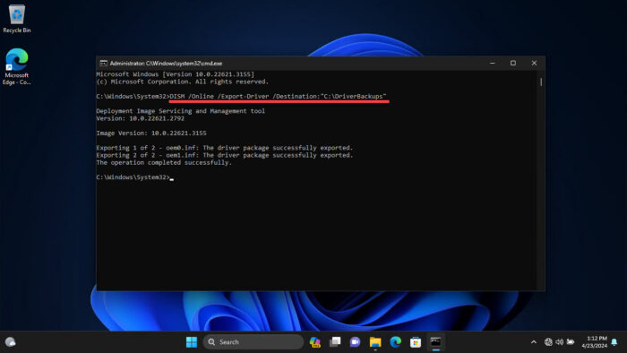 Export all drivers using Command Prompt