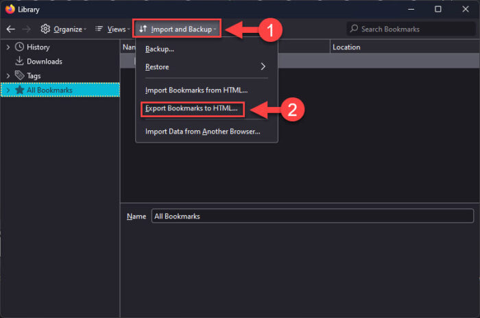 Export bookmarks in Firefox