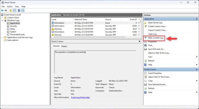 Filter logs in Event Viewer