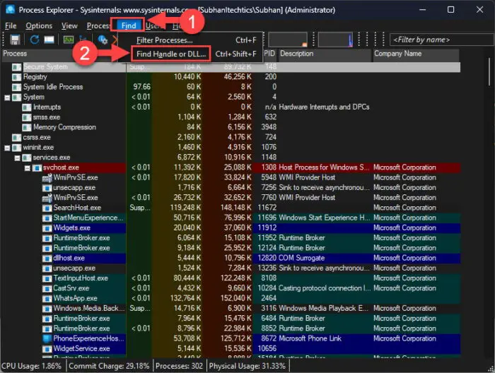 Find handle using Process Explorer