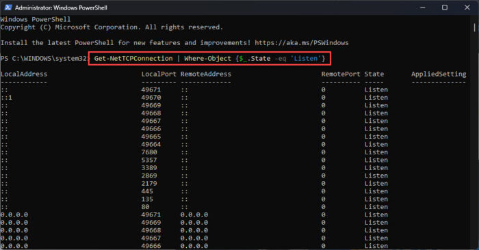 Check For Listening (Open) Ports With NetStat And PowerShell 3 Find listening network ports using PowerShell