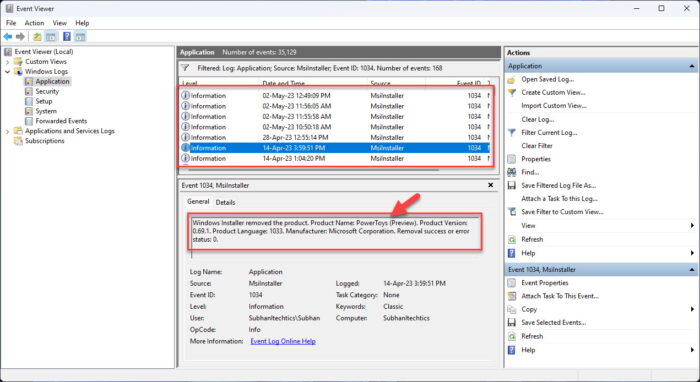 Find the name of the uninstalled app using Event Viewer