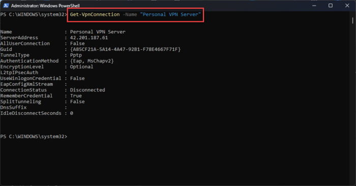 How To Add, Manage VPN Connection In Windows Using PowerShell 5 Get details on specific VPN profile of current user in PowerShell