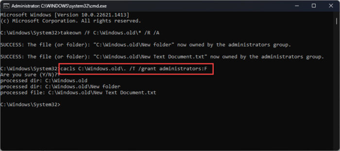 Give full permission to Administrator group for Windows old folder