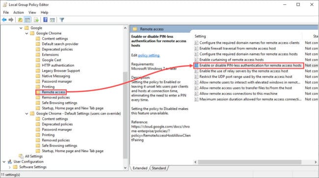 2 Ways to Disable PIN Authentication in Google Chrome Remote Desktop 1 GP policy