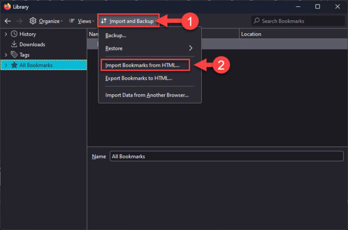 Import bookmarks in Firefox