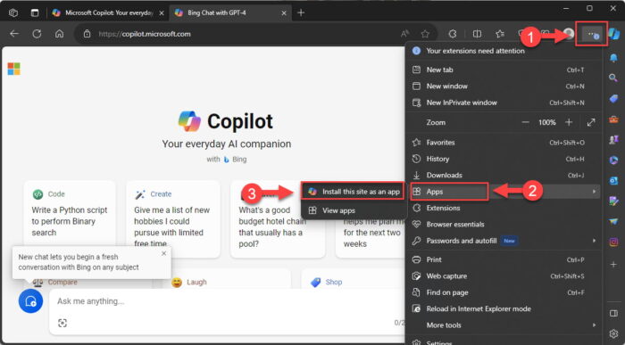 Install Copilot as an app using Microsoft Edge