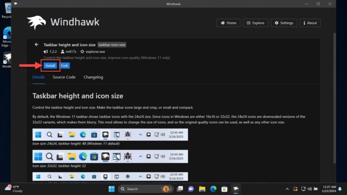 Install the taskbar height and icon size mod