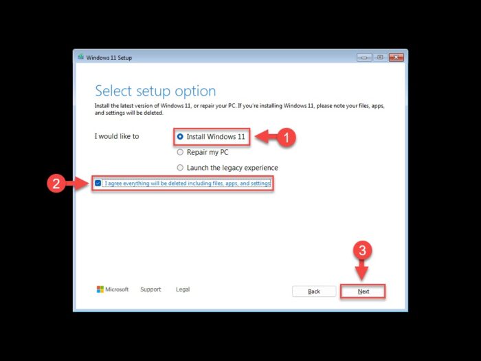 Install Windows 11 and agree that everything will be deleted